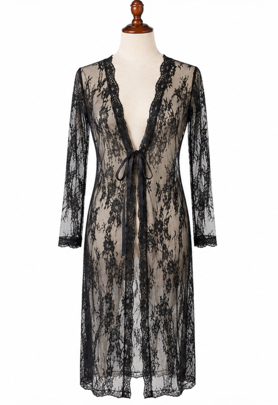 Vintage Women's LARGE Dark Romance Black Floral Lace Sheer Long Lingerie Robe